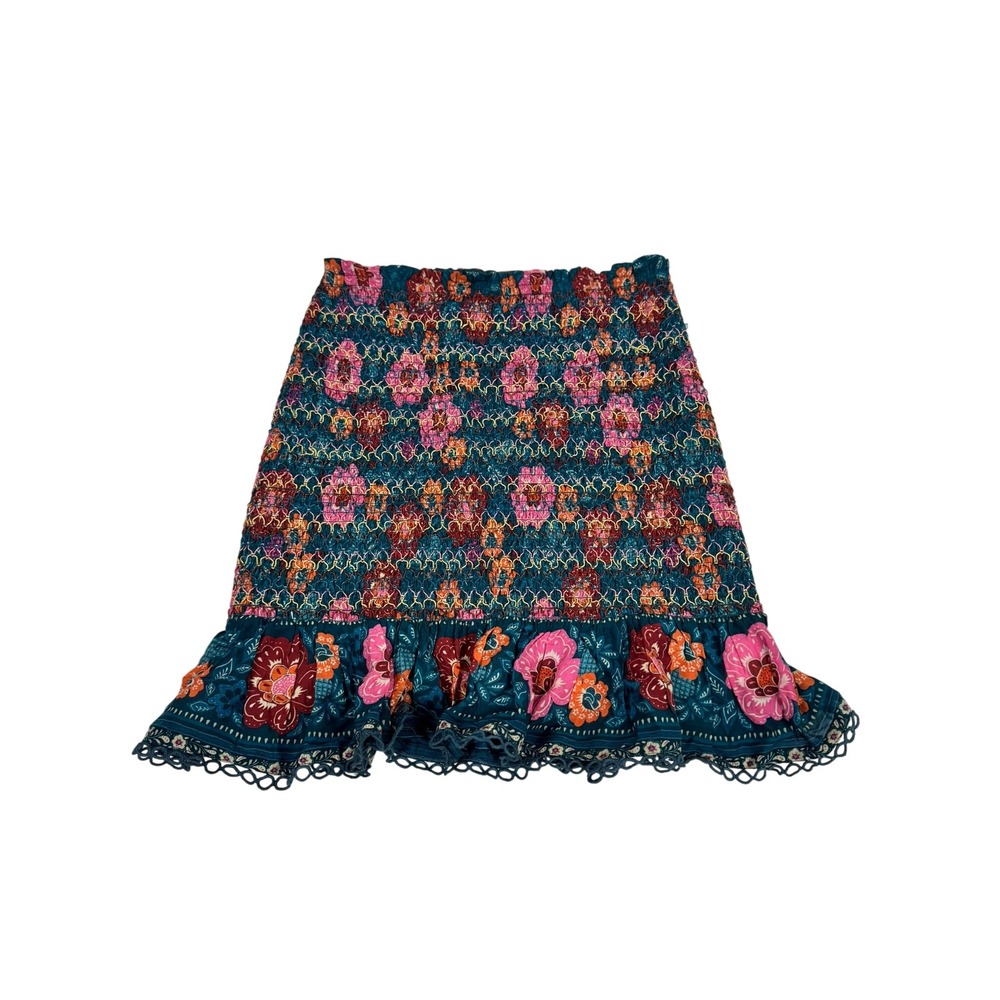 Farm Rio Teal Floral Smocked Mini Skirt Ruffle Eyelet Lace Trim Size S Boho